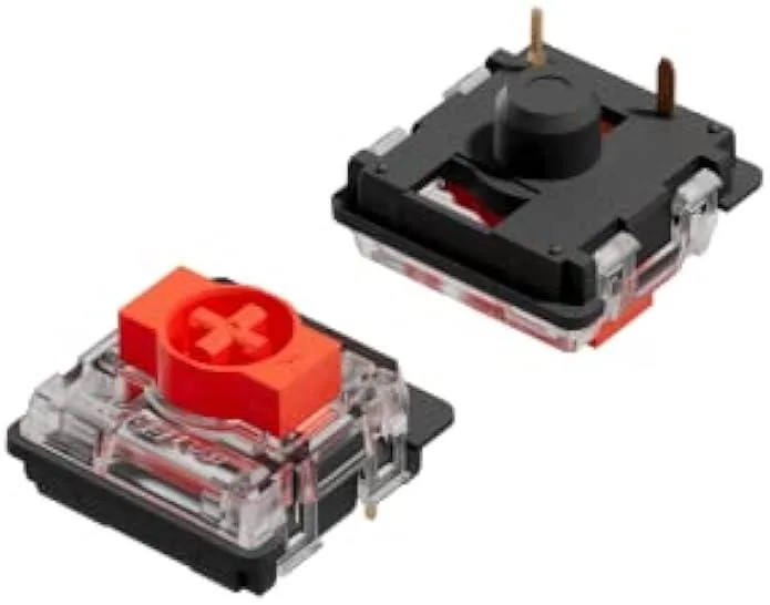 Clear plastic box holding ninety low-profile red linear switches and a puller tool