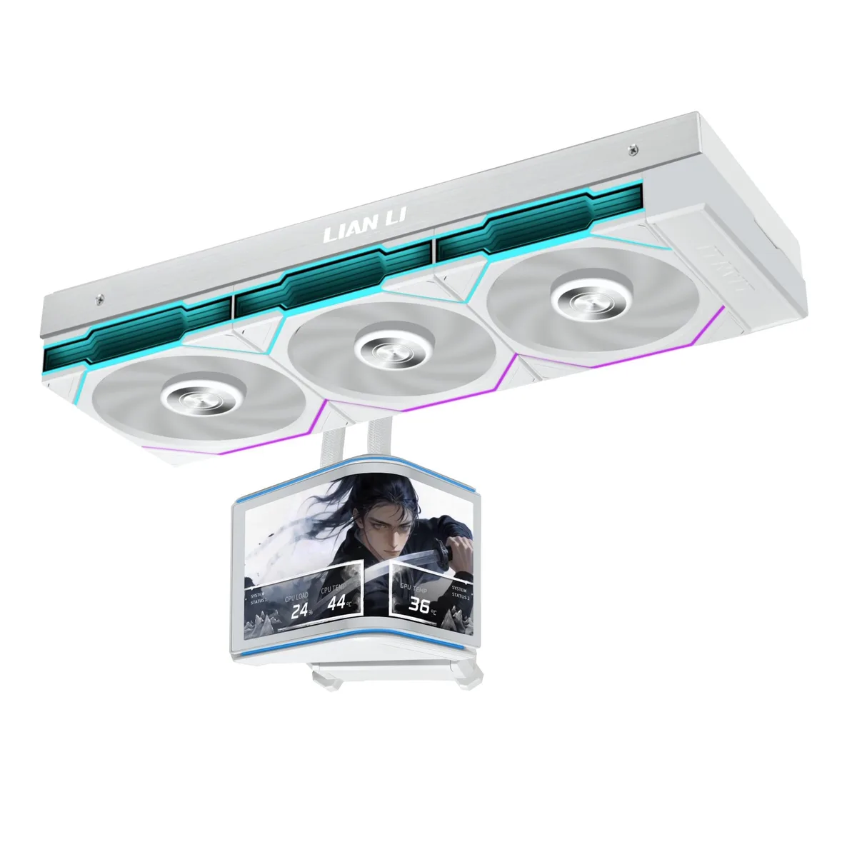 White 360mm AIO with curved 6.67" OLED screen and three 120mm fans