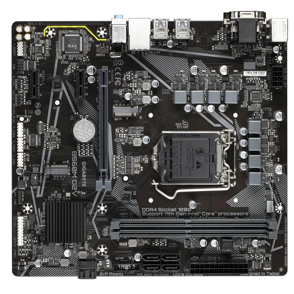 Micro-ATX board with dark PCB and silver heatsinks