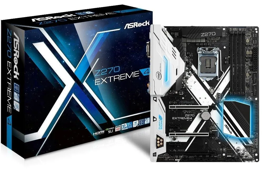 ATX motherboard, black PCB with silver heatsinks, LGA 1151 socket, four DDR4 slots