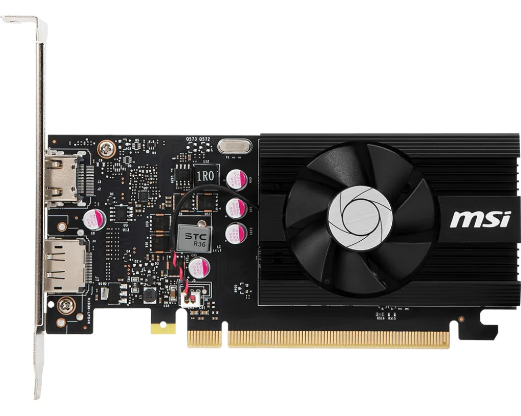 Low-profile black graphics card with single fan and HDMI DisplayPort outputs