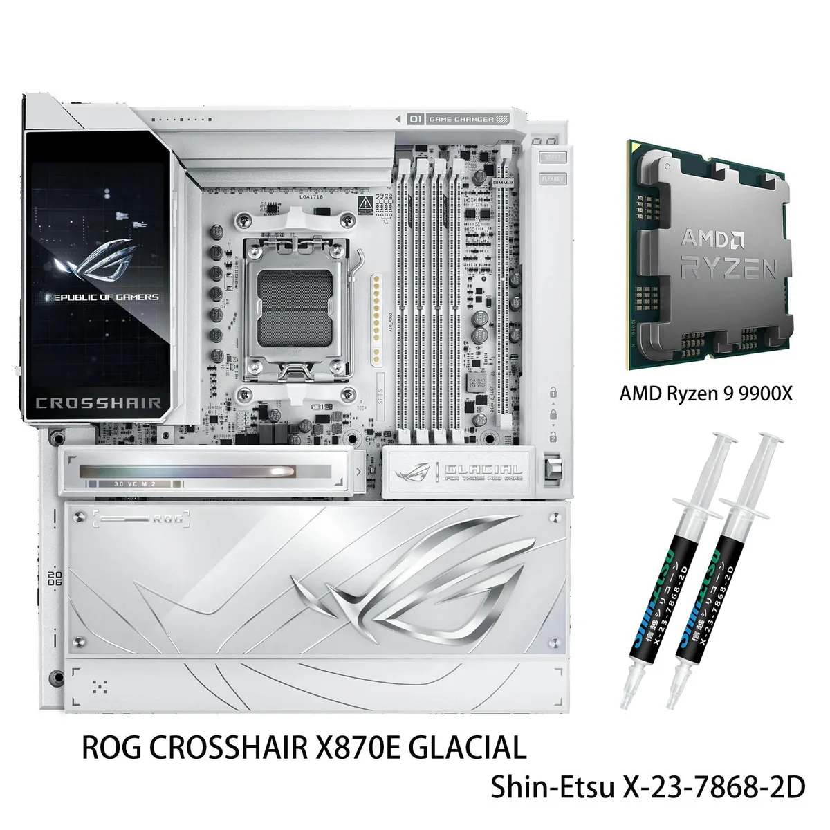 White extended ATX motherboard with silver heatsinks and CPU installed