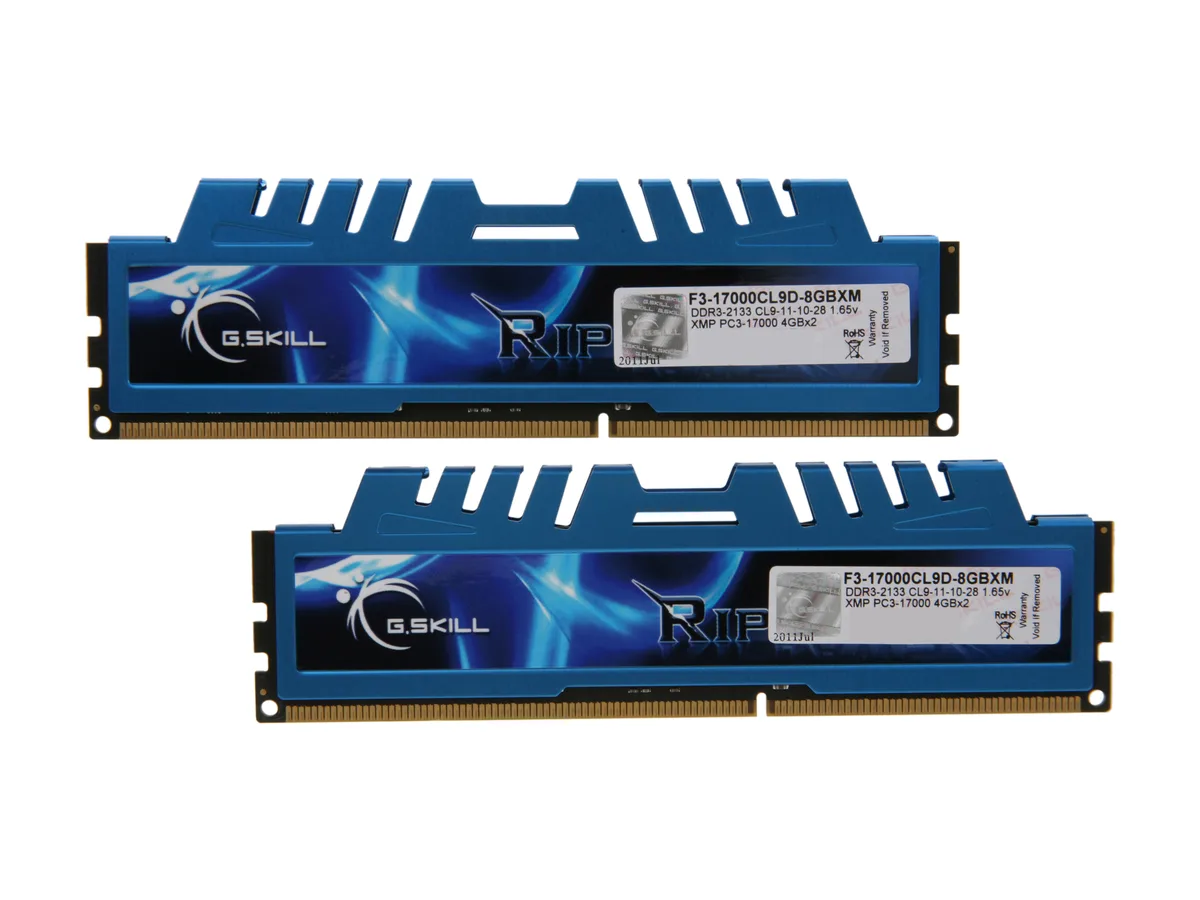 Blue heat spreader on two DDR3 desktop memory modules