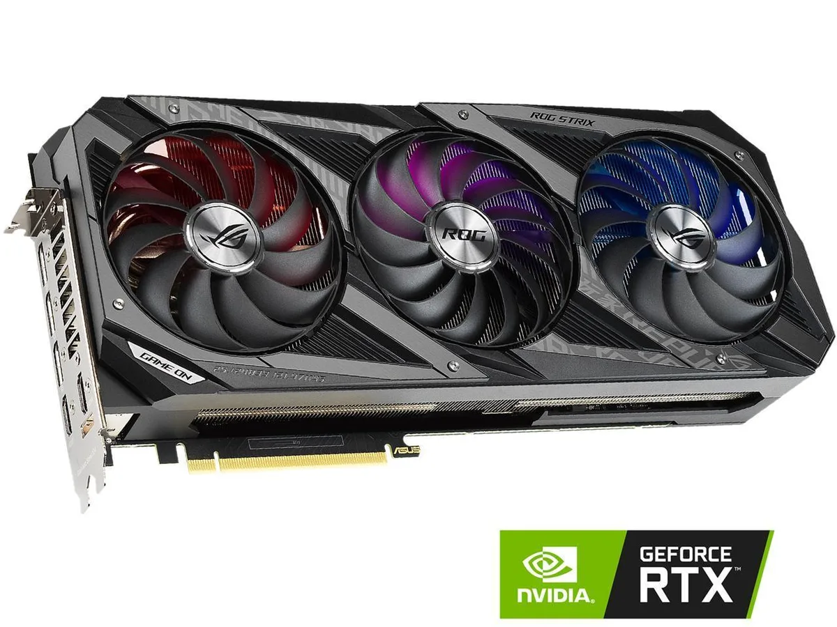 ASUS ROG Strix GeForce RTX 3080 graphics card with triple-fan cooler and metal backplate