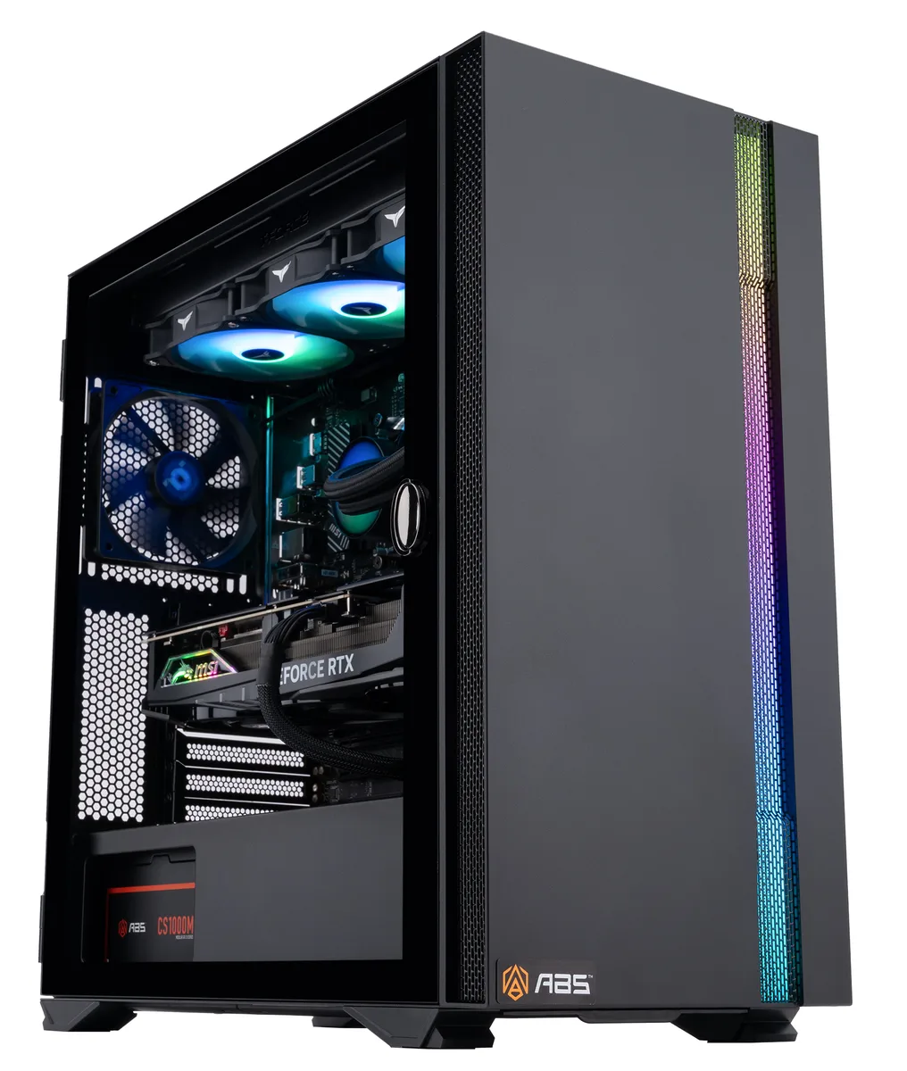 Black mid-tower gaming desktop with RGB liquid cooling visible through glass side panel