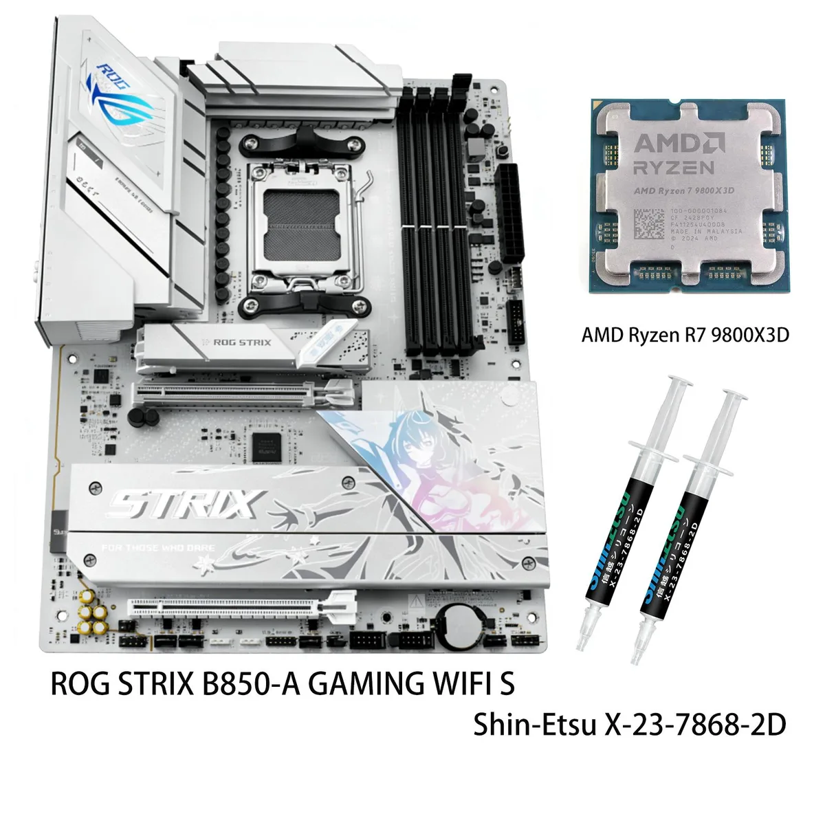 ATX motherboard with CPU installed, dark finish, silver heatsinks, rear I/O shield visible