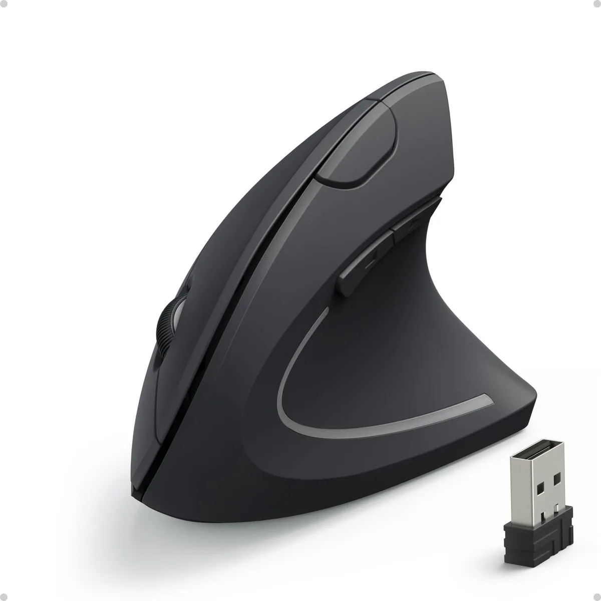 Black vertical ergonomic mouse with contoured right-hand shape and multiple buttons