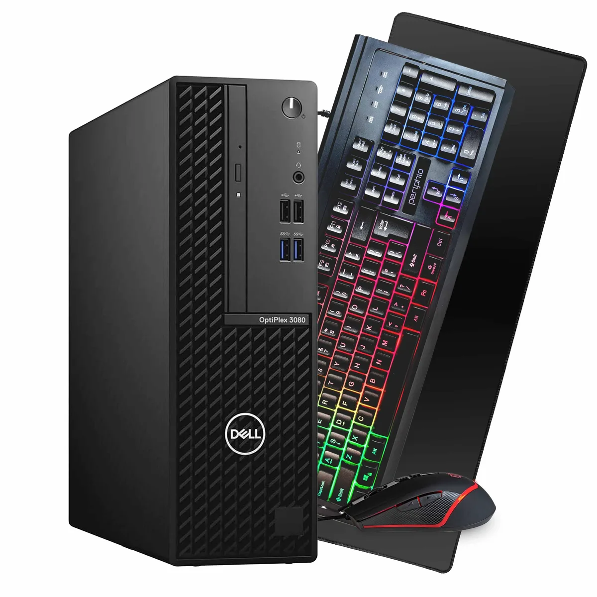 Black Dell OptiPlex 3080 tower desktop with keyboard and mouse