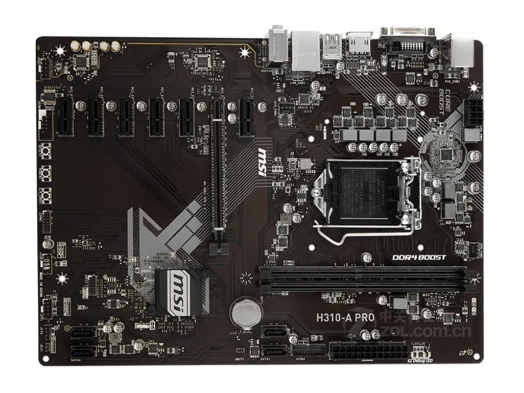 Green ATX motherboard with silver CPU socket and black memory slots, rear I/O panel visible