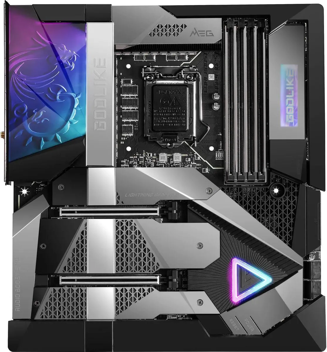 Extended ATX motherboard, black PCB with silver heatsinks and RGB lighting