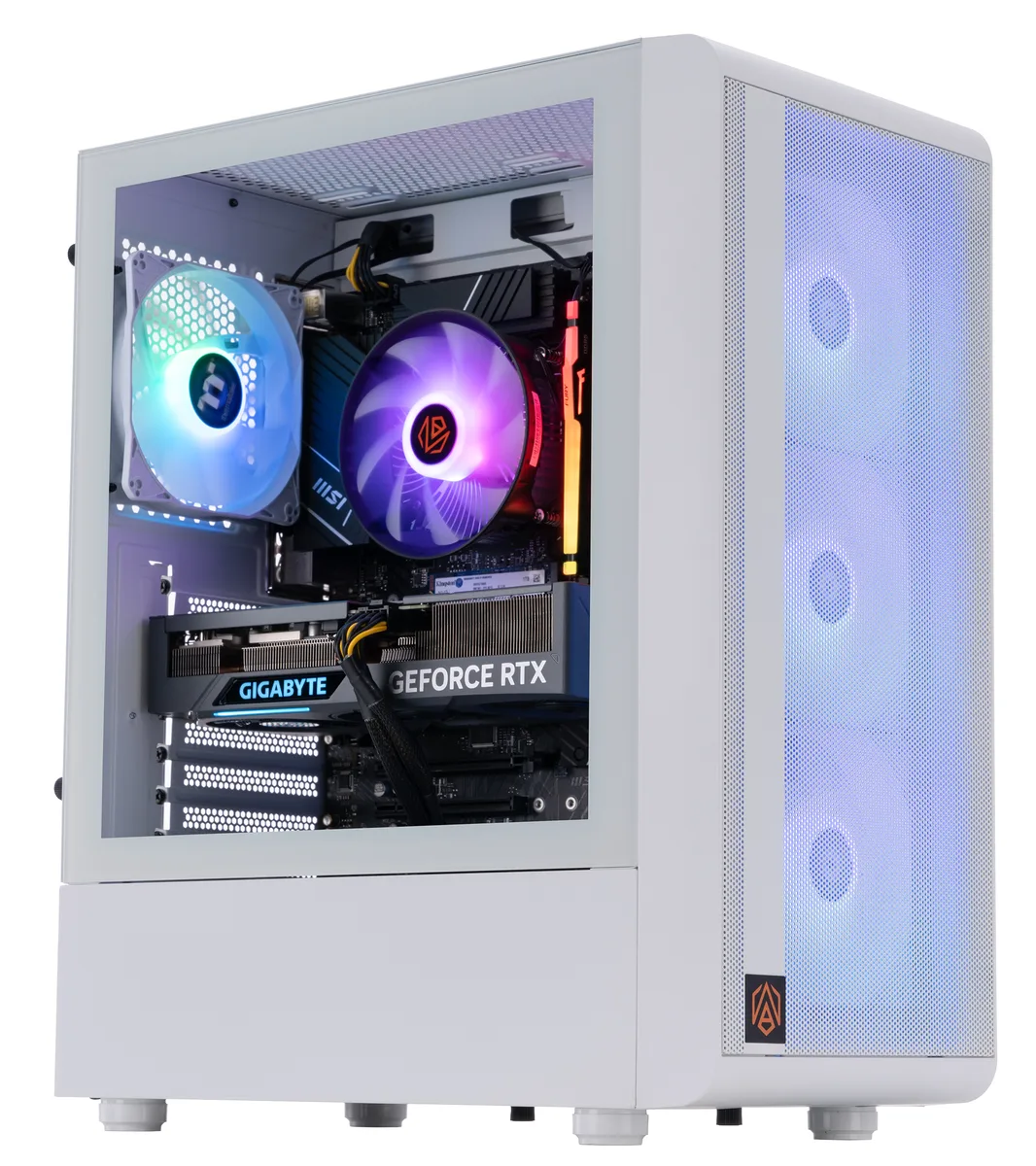 White mid-tower gaming desktop with RGB lighting visible through glass side panel