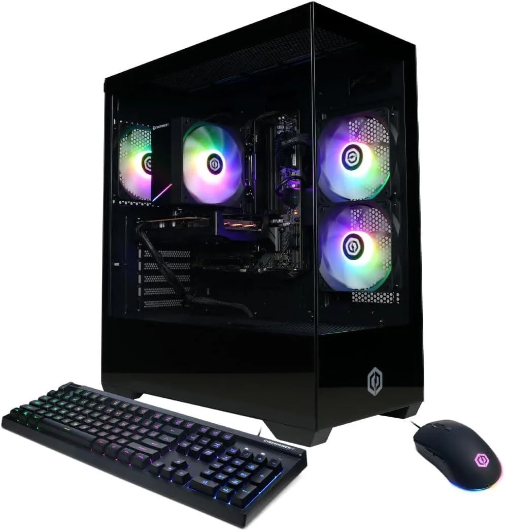 Black tower gaming PC with tempered glass side panel and RGB lighting