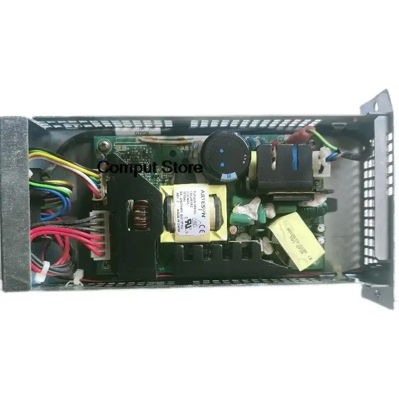 Rectangular ATX power supply unit with metal casing and ventilation grille