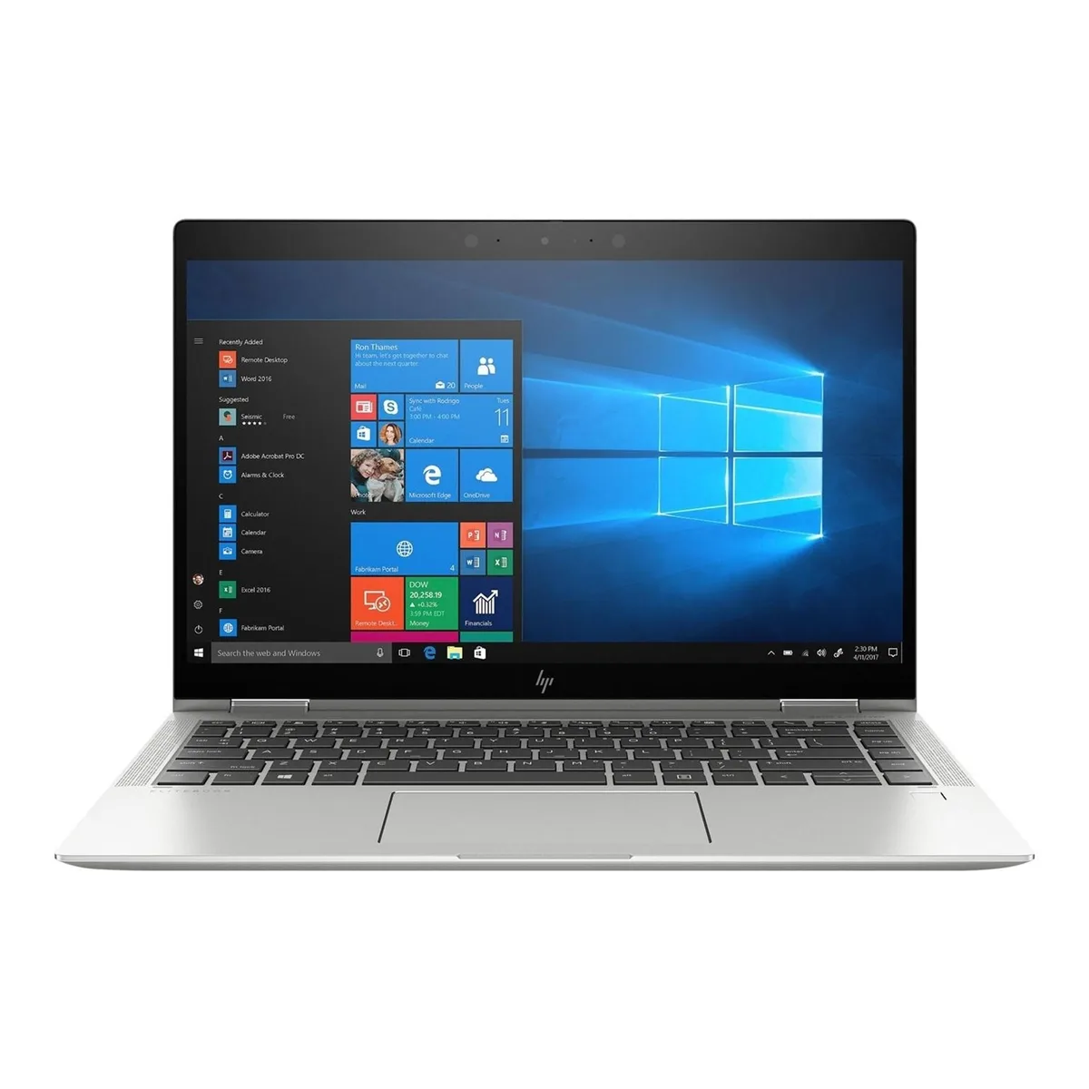 Silver 14-inch convertible laptop with 360-degree hinge and touchscreen display