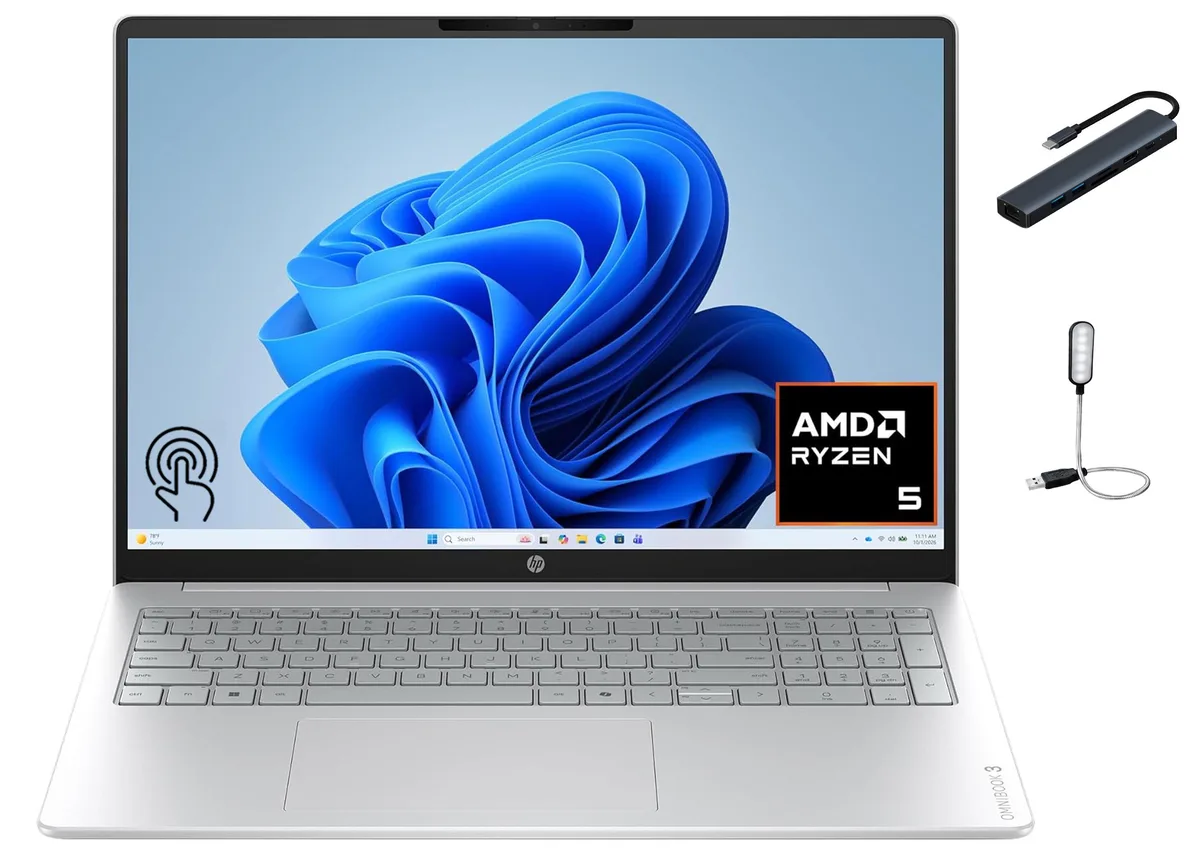HP OmniBook 3 laptop in Glacier Silver with 16 inch 2K touchscreen and Mazepoly accessories