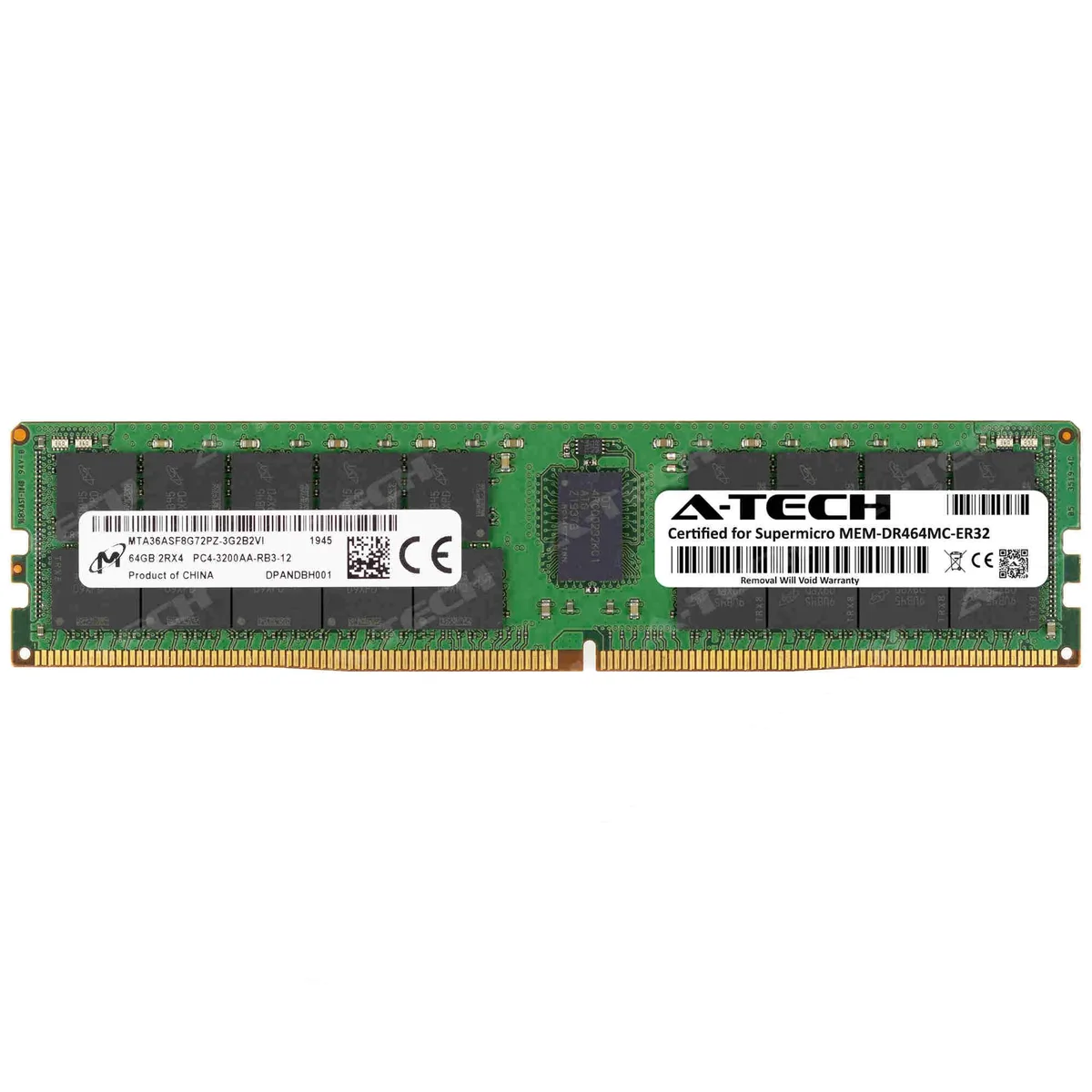 Green 288-pin DDR4 RDIMM module with black chips and silver label