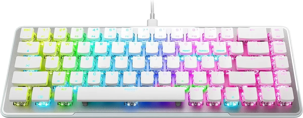 Compact white 65 percent gaming keyboard with anodized aluminum top plate and detachable cable