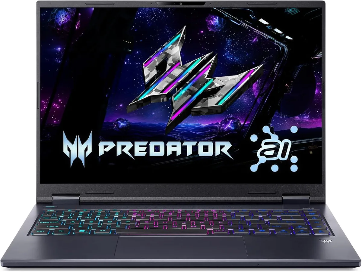 Black Acer Predator Helios Neo 14 gaming laptop with 14.5 inch matte display, backlit keyboard, and slim profile