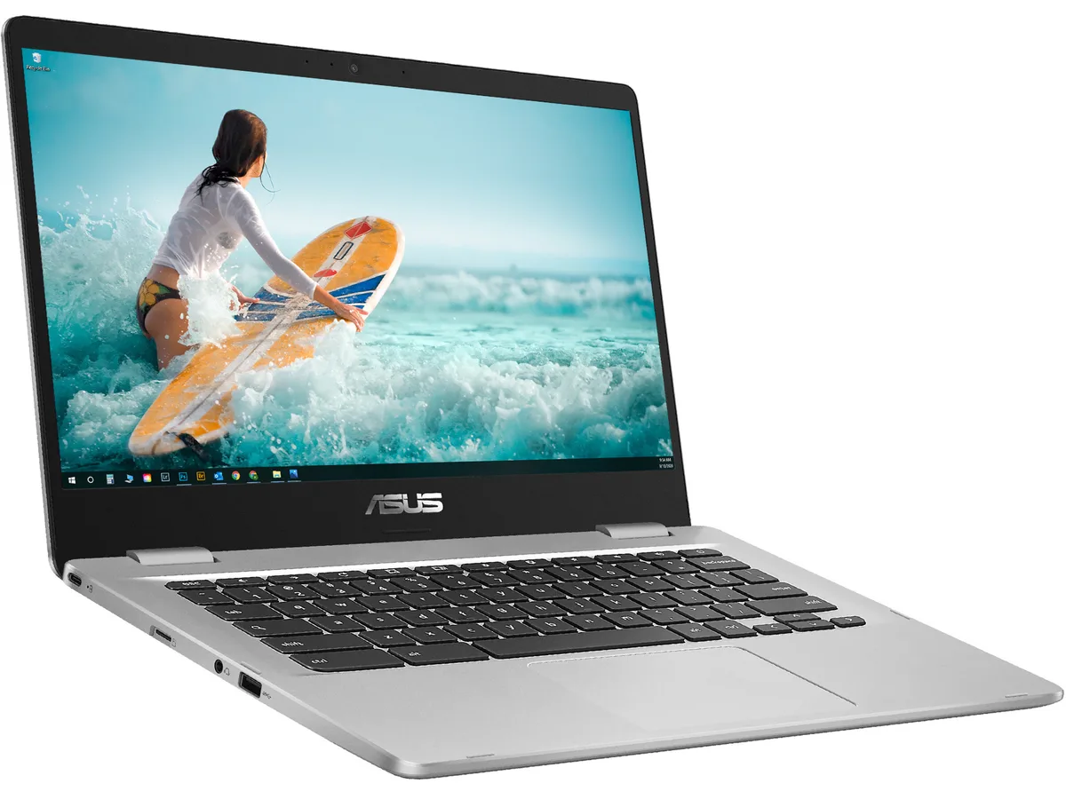 Dark gray ASUS Chromebook 14 inch notebook with aluminum lid finish