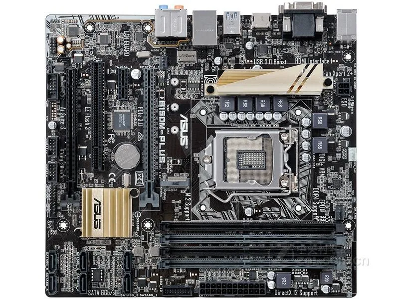 ASUS B150M-PLUS Micro ATX motherboard black PCB with silver heatsinks LGA 1151 socket DDR4 slots SATA ports I/O shield