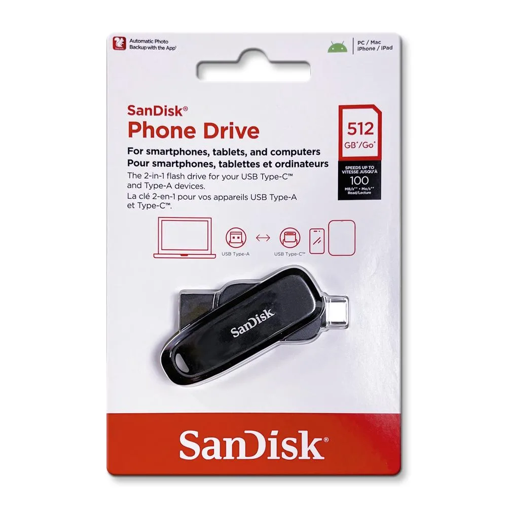 SanDisk SanDisk Phone Drive 512GB USB 3.2 Gen 1 Dual Connector Black — 제품 사진