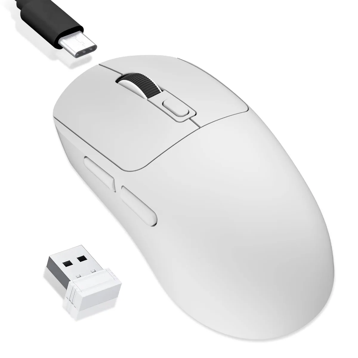 White wireless gaming mouse, right-hand ergonomic shape, six buttons, USB-C port