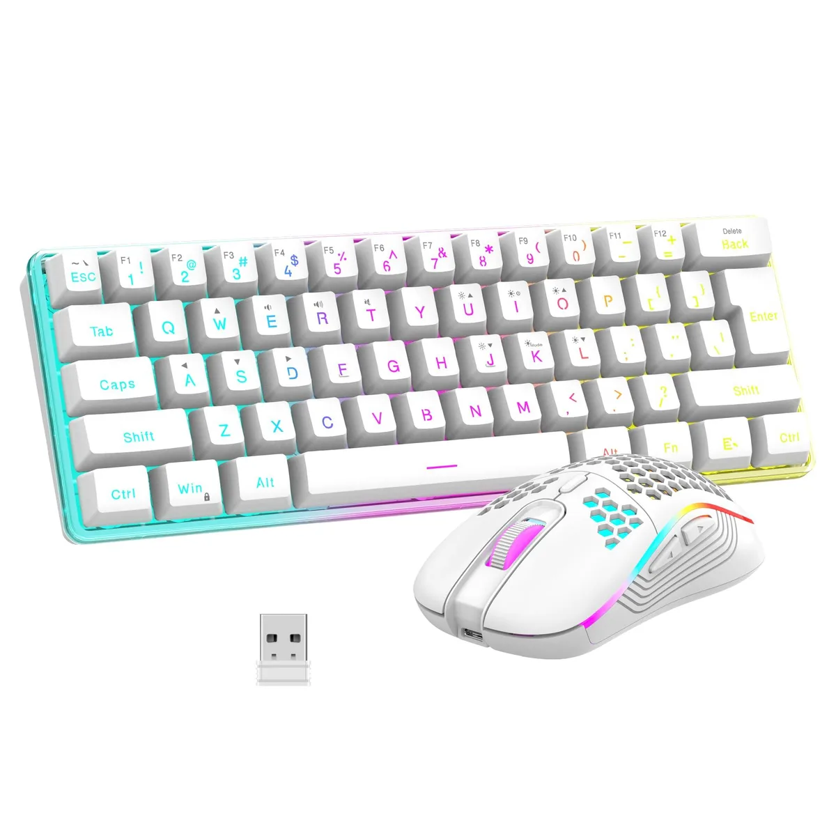 White compact 60% wireless keyboard and honeycomb mouse combo, rechargeable batteries