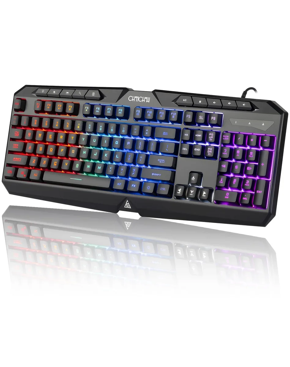 Black full-size wired gaming keyboard with rainbow backlighting, integrated tilt stand and rubber feet