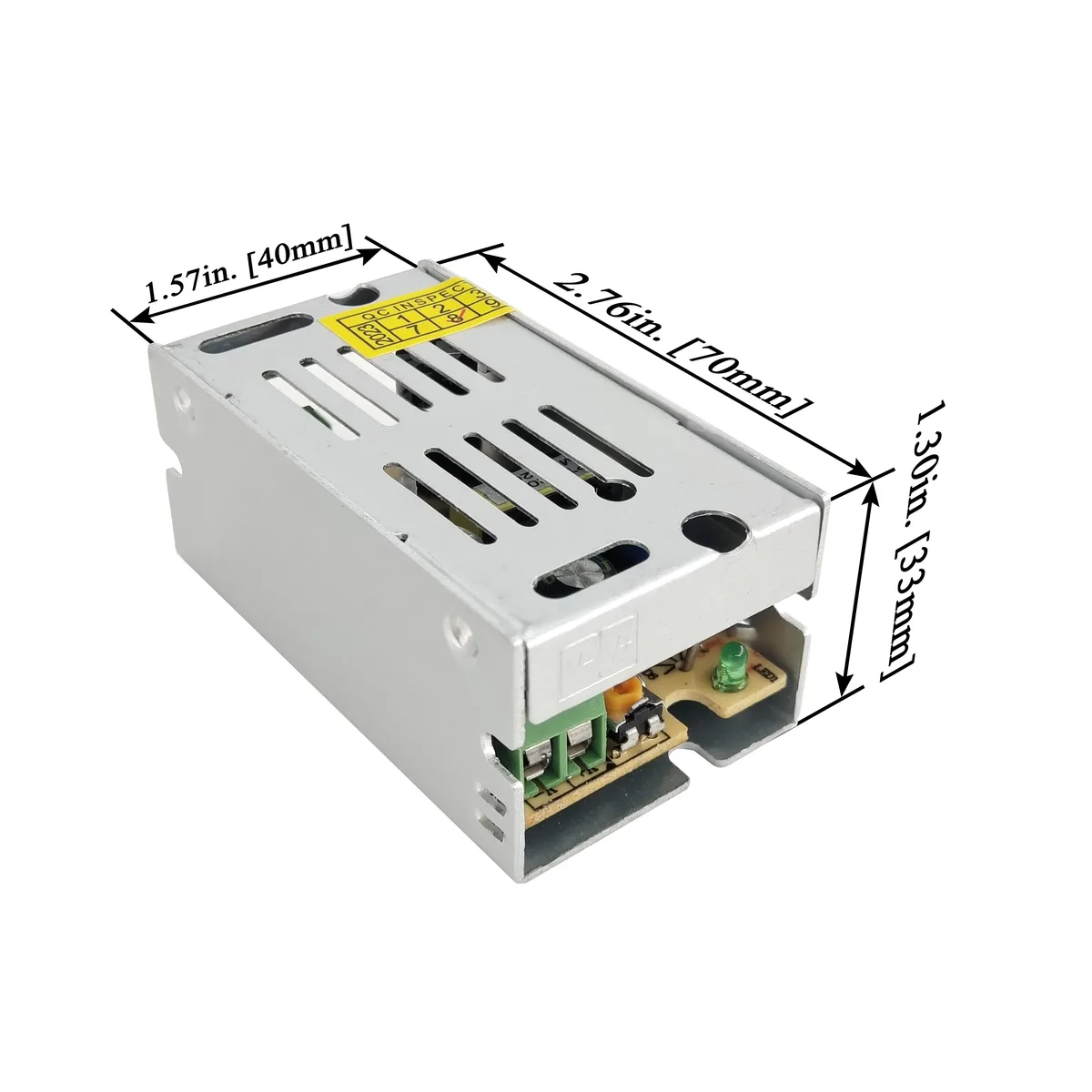 Enclosed metal power supply, low-profile 38 mm height, built-in fan, 15 W 12 V 1.3 A output