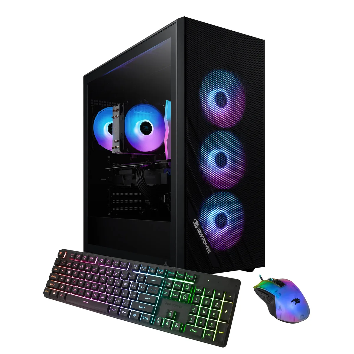 Black mid-tower gaming desktop with RGB fans and transparent side panel