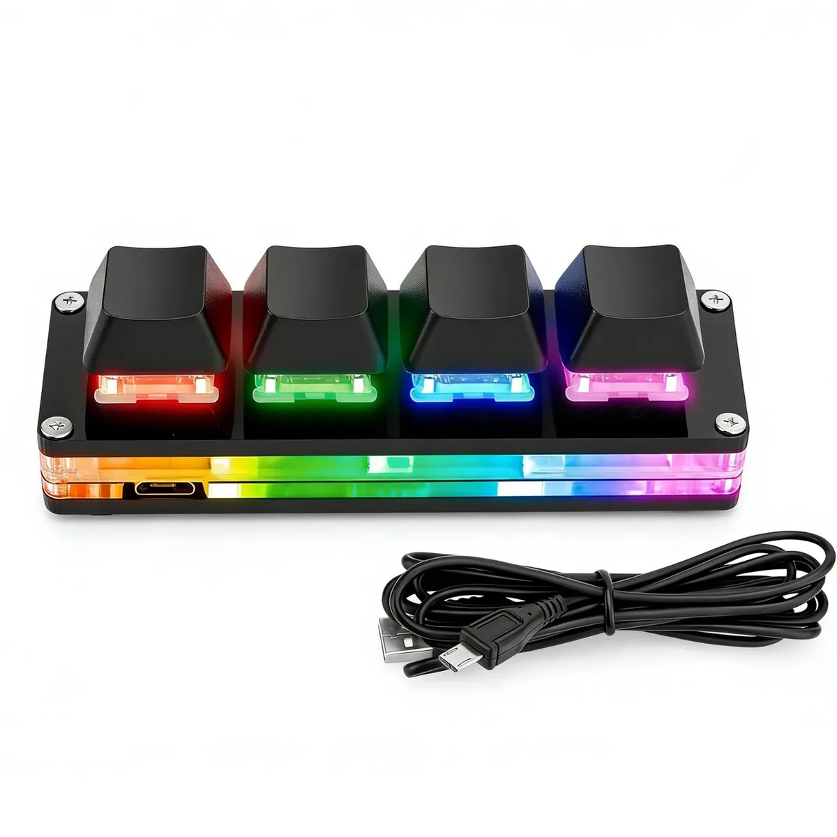 Black mini 4-key mechanical keypad with RGB backlight and 1.5 m USB-C cable