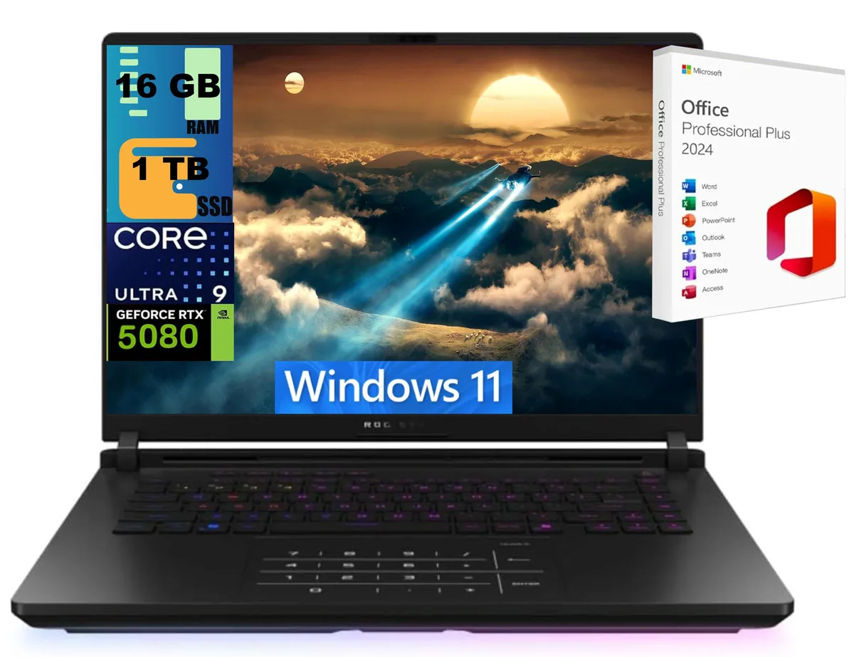 Black 16 inch gaming laptop with slim bezels and backlit keyboard