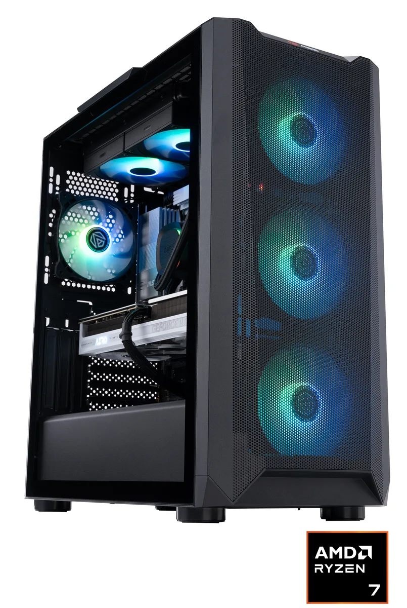 Black micro-tower desktop with obsidian finish and visible AIO liquid cooler