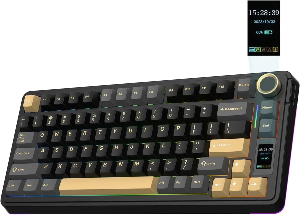 Black 75 percent mechanical keyboard with TFT screen and rotary knob