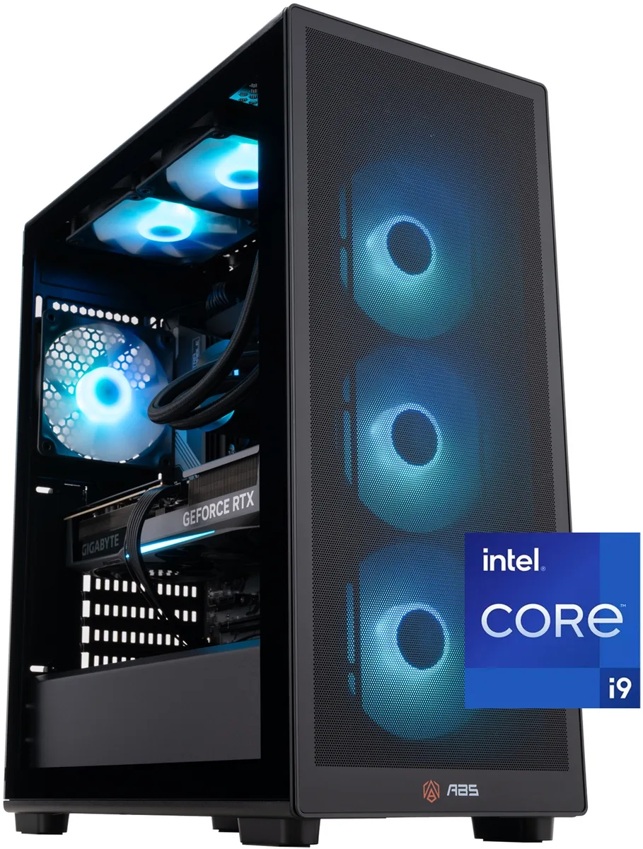 Black mid-tower gaming desktop with RGB liquid cooling and fans