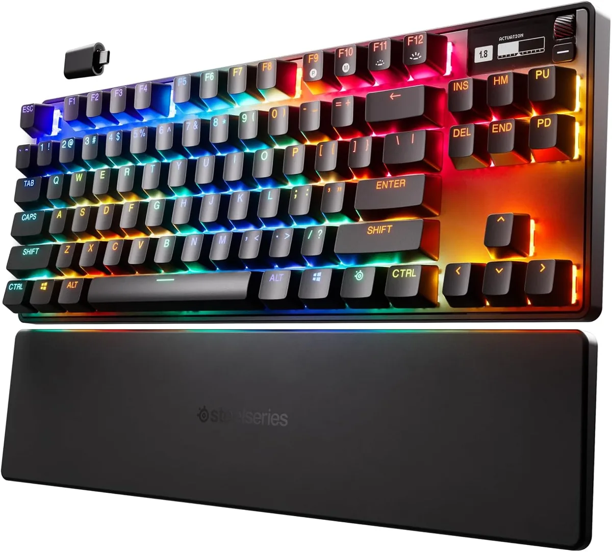 Black tenkeyless wireless keyboard with aluminium top plate, OLED screen, RGB backlit PBT keycaps and detachable USB-C cable