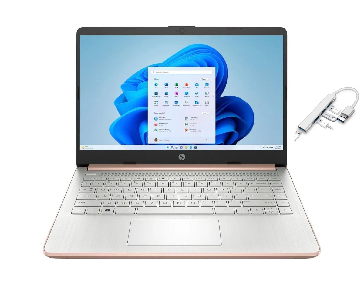 Rose Gold 14 inch HP laptop with non-touch HD display and standard clamshell form factor