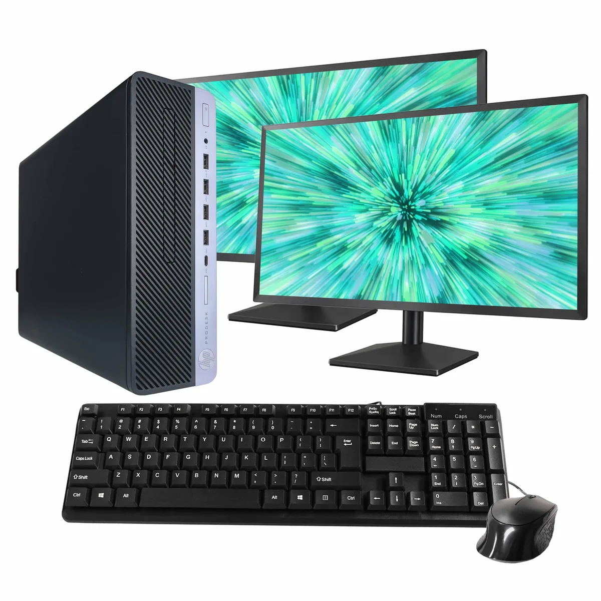 Black HP ProDesk 600 G5 tower with dual 24-inch monitors, keyboard and mouse