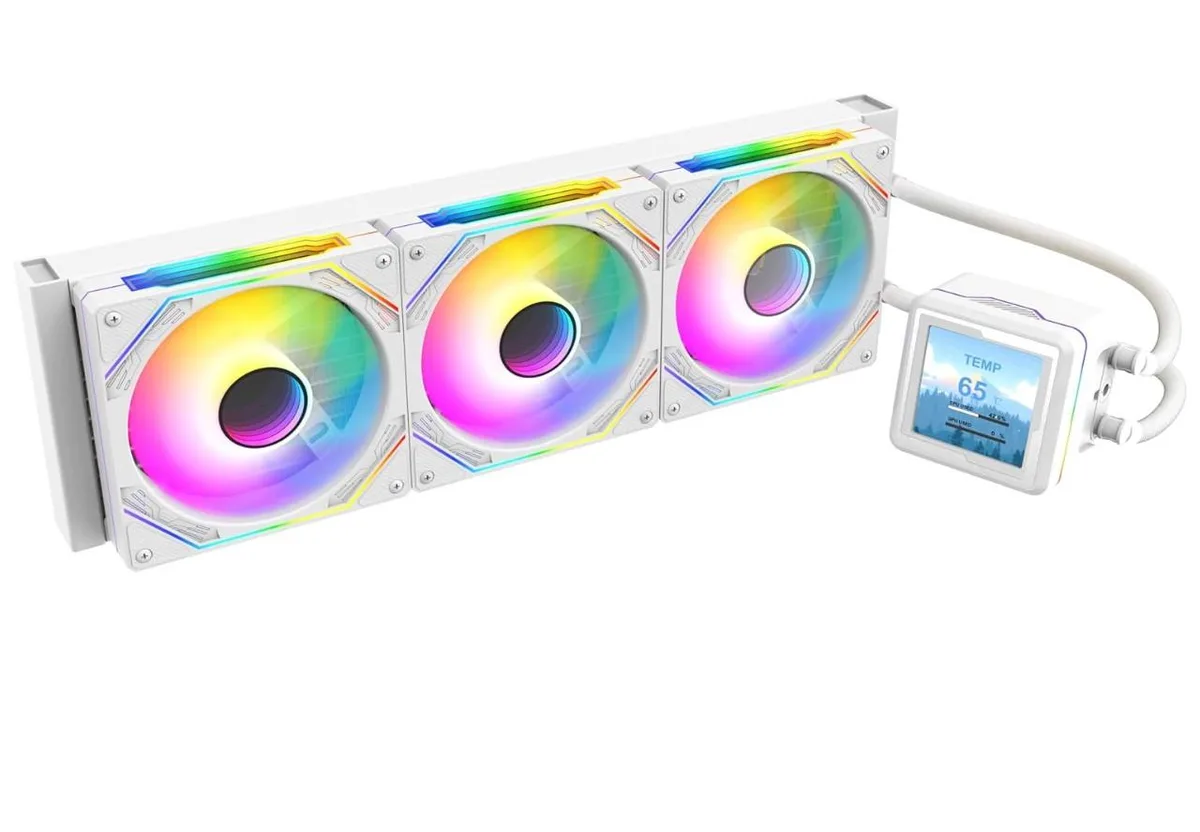 White 360 mm liquid cooler with LCD pump head and three 120 mm aRGB fans