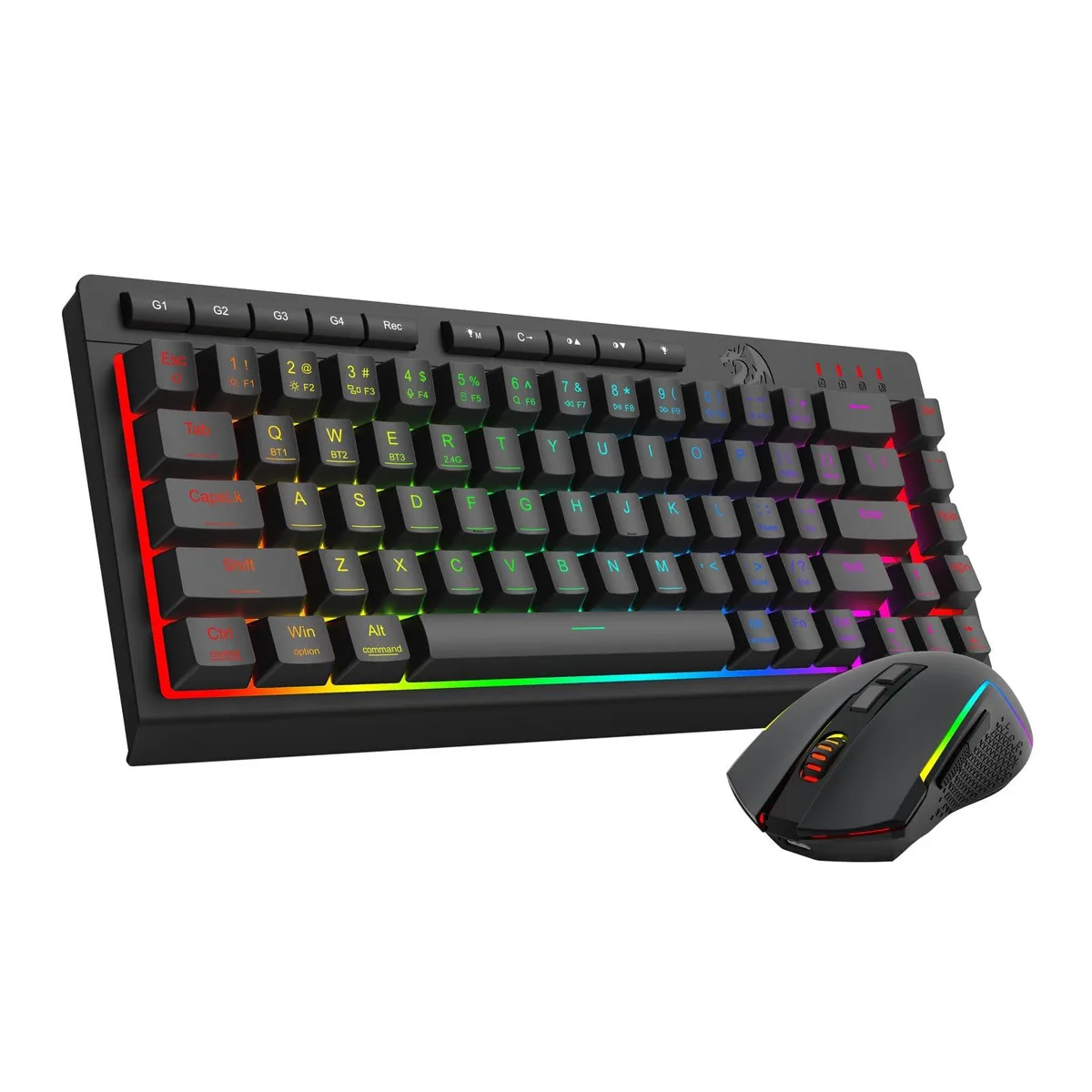 Black 60% gaming keyboard with RGB backlighting and matching mouse, compact tri-mode wireless design
