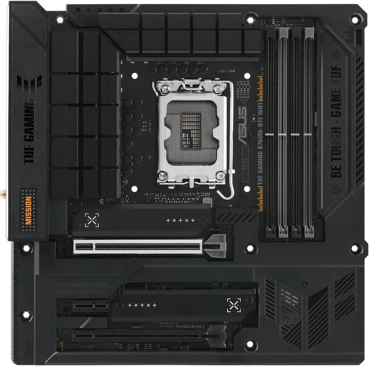 ASUS TUF Gaming B760M-BTF WIFI mATX motherboard with grey heatsinks and yellow accents