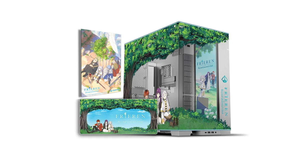 White full-tower PC case with embossed anime artwork on glass panels, RGB light plate inside