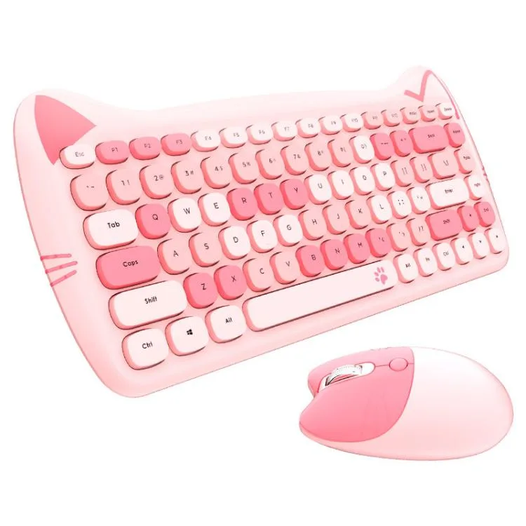 Pink 84-key wireless keyboard and mouse set with matte finish and pet-shaped design