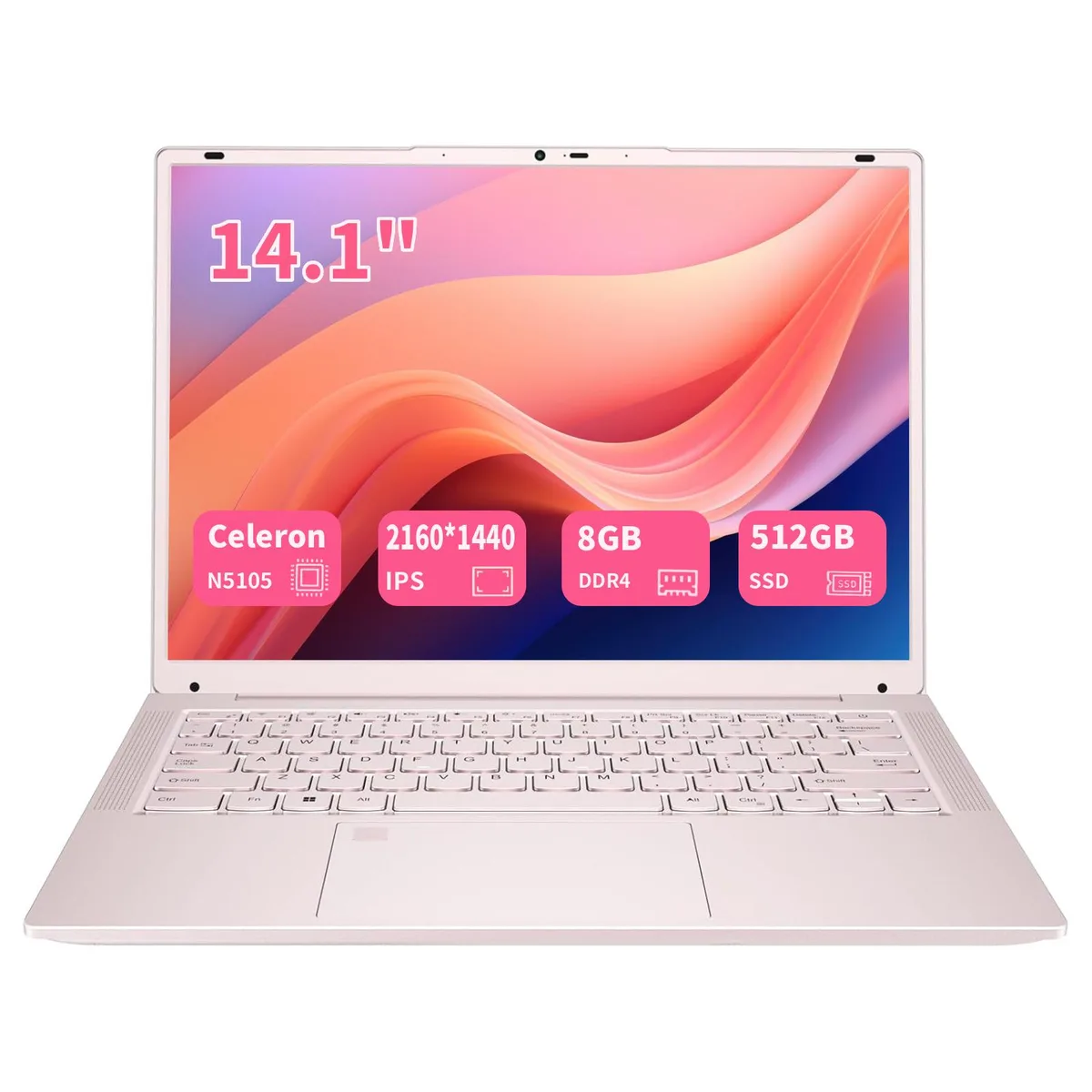 Pink 14.1 inch 2K IPS laptop with backlit keyboard and fingerprint reader