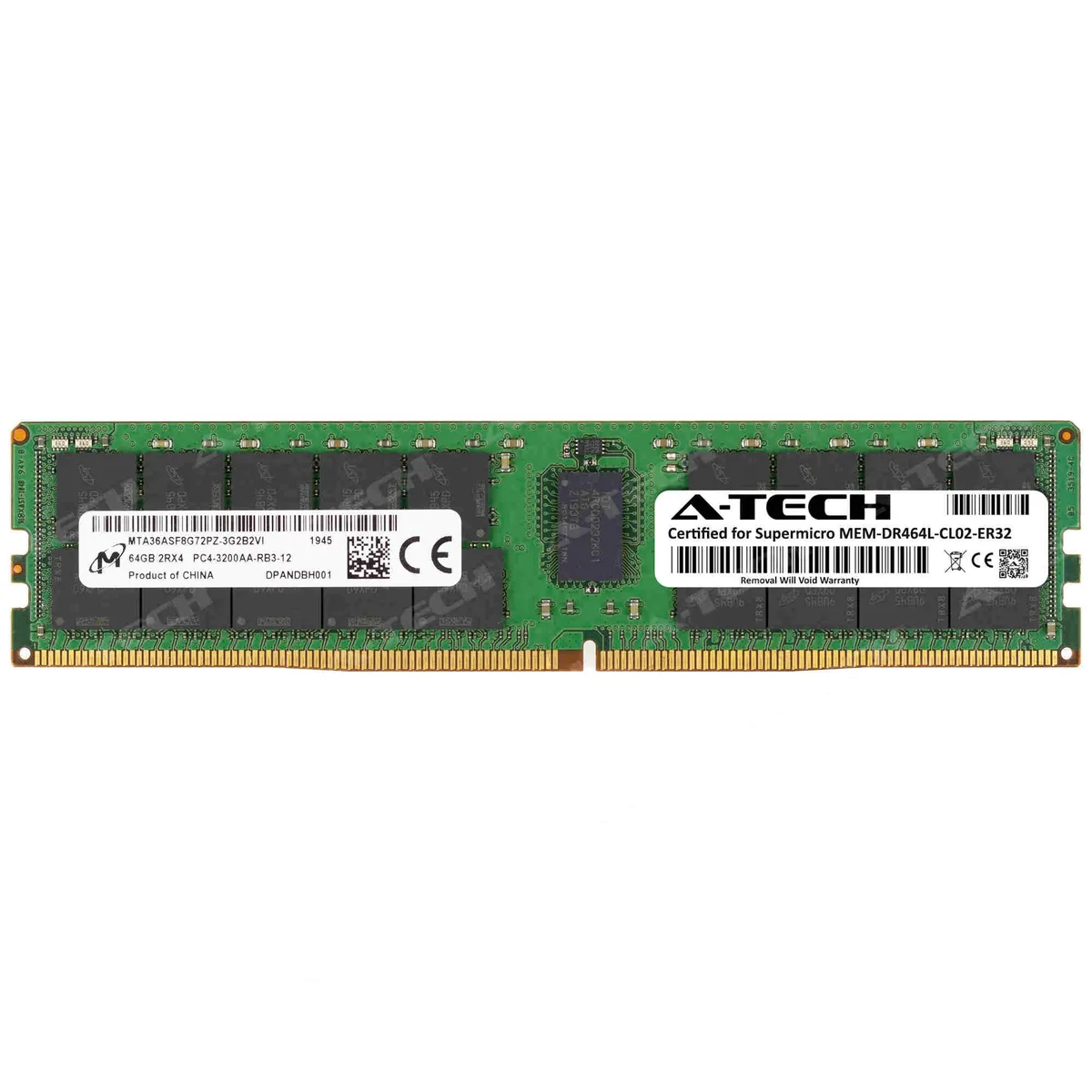 Green rectangular DDR4 RDIMM module with black chips and gold edge connector