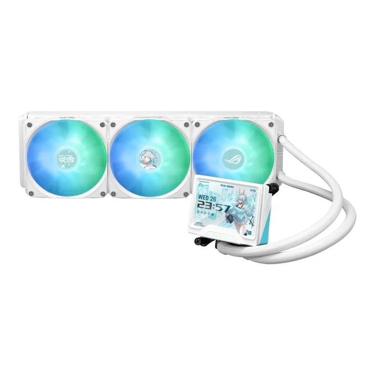 ASUS ROG STRIX 360 LCD Snow all-in-one liquid cooler with 3.5 inch square screen and pre-installed fans