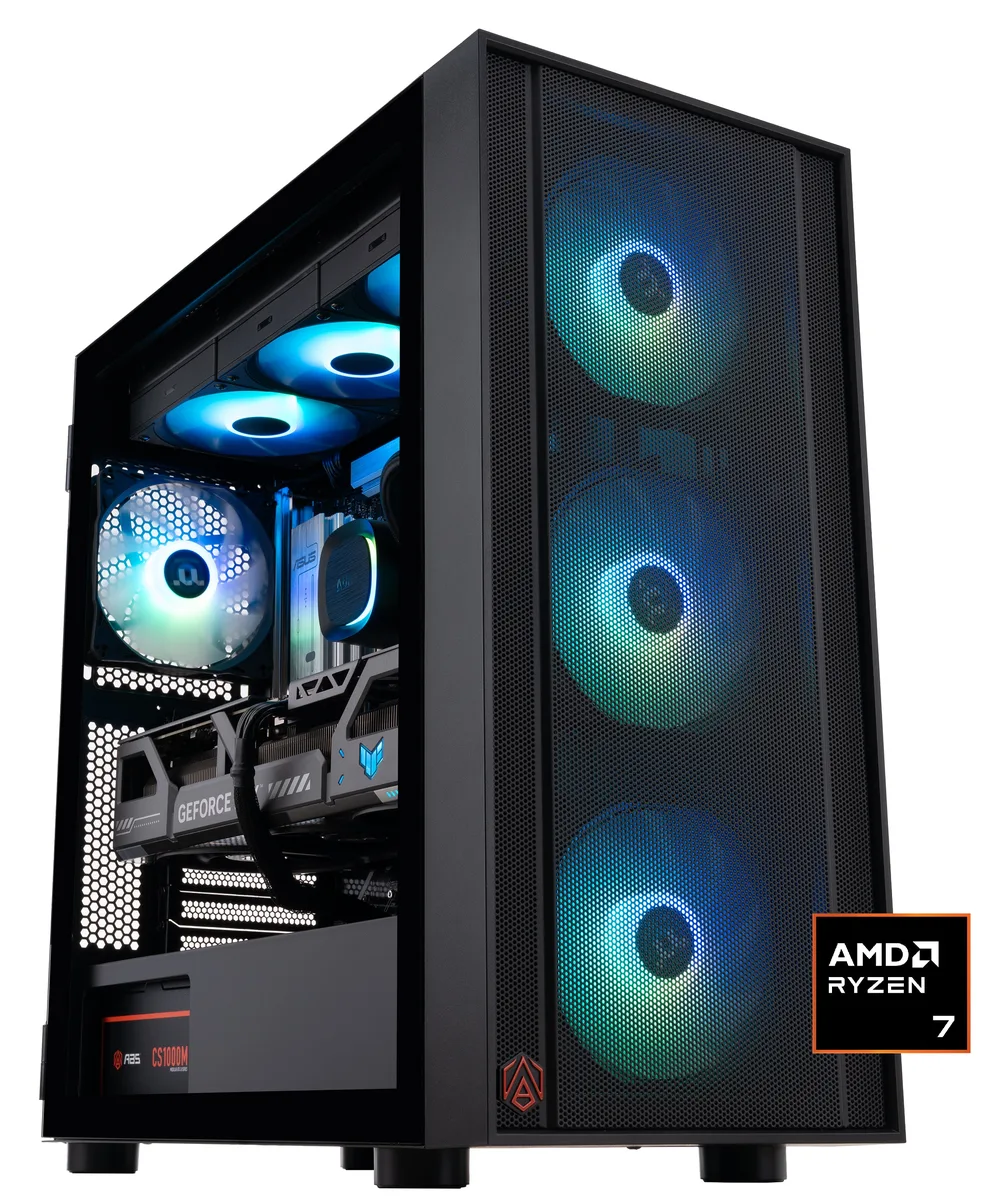 Black mid-tower case with tempered glass side panel, visible RGB-lit liquid cooler and graphics card
