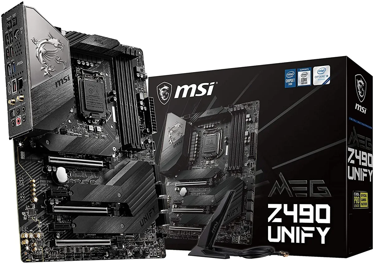 ATX motherboard, matte black finish, silver heatsinks and M.2 shields