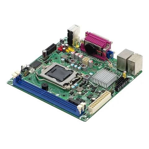 Small green Mini-ITX motherboard with LGA 1155 socket and DDR3 memory slots