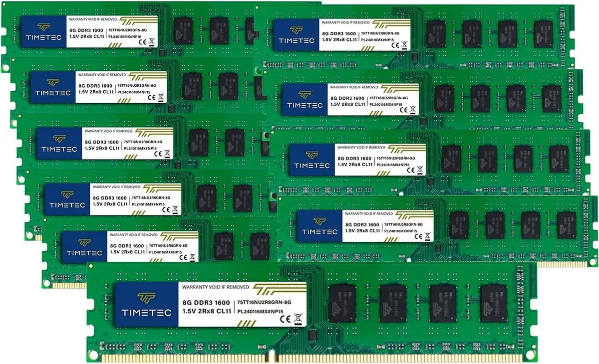 Ten green DDR3 memory sticks with gold contacts